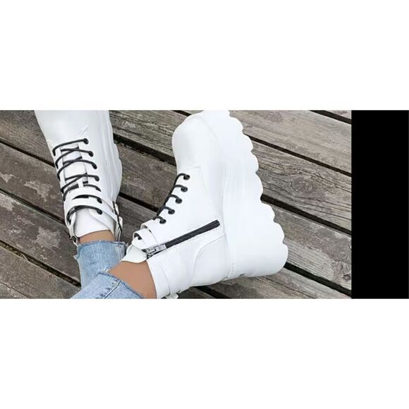 White platform, wedge, heeled punk style boots with Side buckles black zipper an - Picture 5 of 11